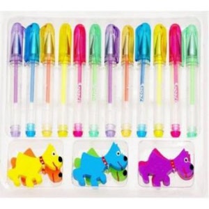 12 mini gel pens + 6 dog erasers