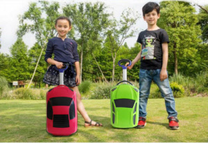 red and green car wheelie luggage - with kids